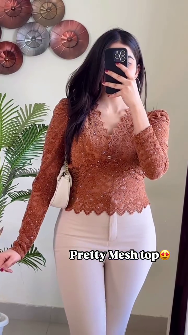 Chic Chocolate Brown Lace Mesh Top – Romantic Sheer Elegance with Scalloped Detailing - Image 8