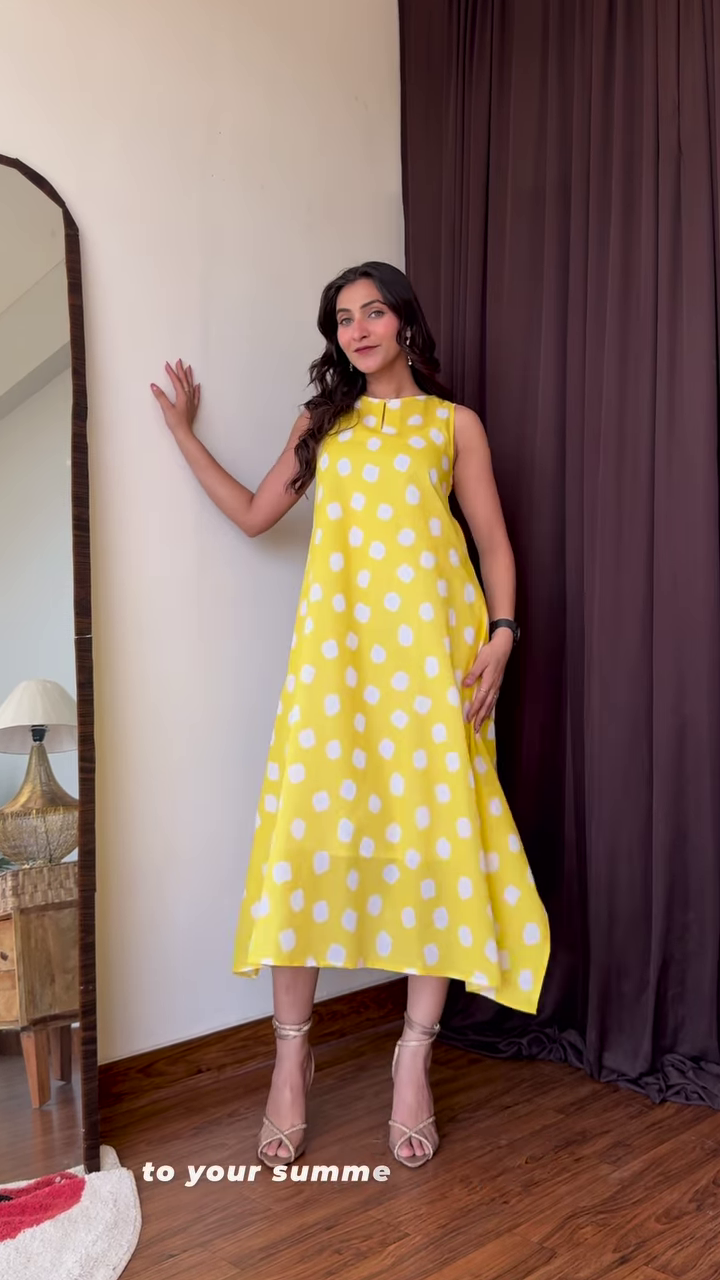 Vibrant Yellow Flowy Polka Dot Summer Dress by Pink Fort – Breezy A-Line Silhouette with White Dot Print - Image 10