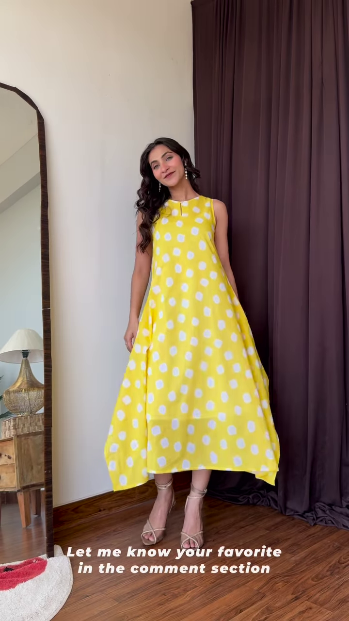 Vibrant Yellow Flowy Polka Dot Summer Dress by Pink Fort – Breezy A-Line Silhouette with White Dot Print - Image 11