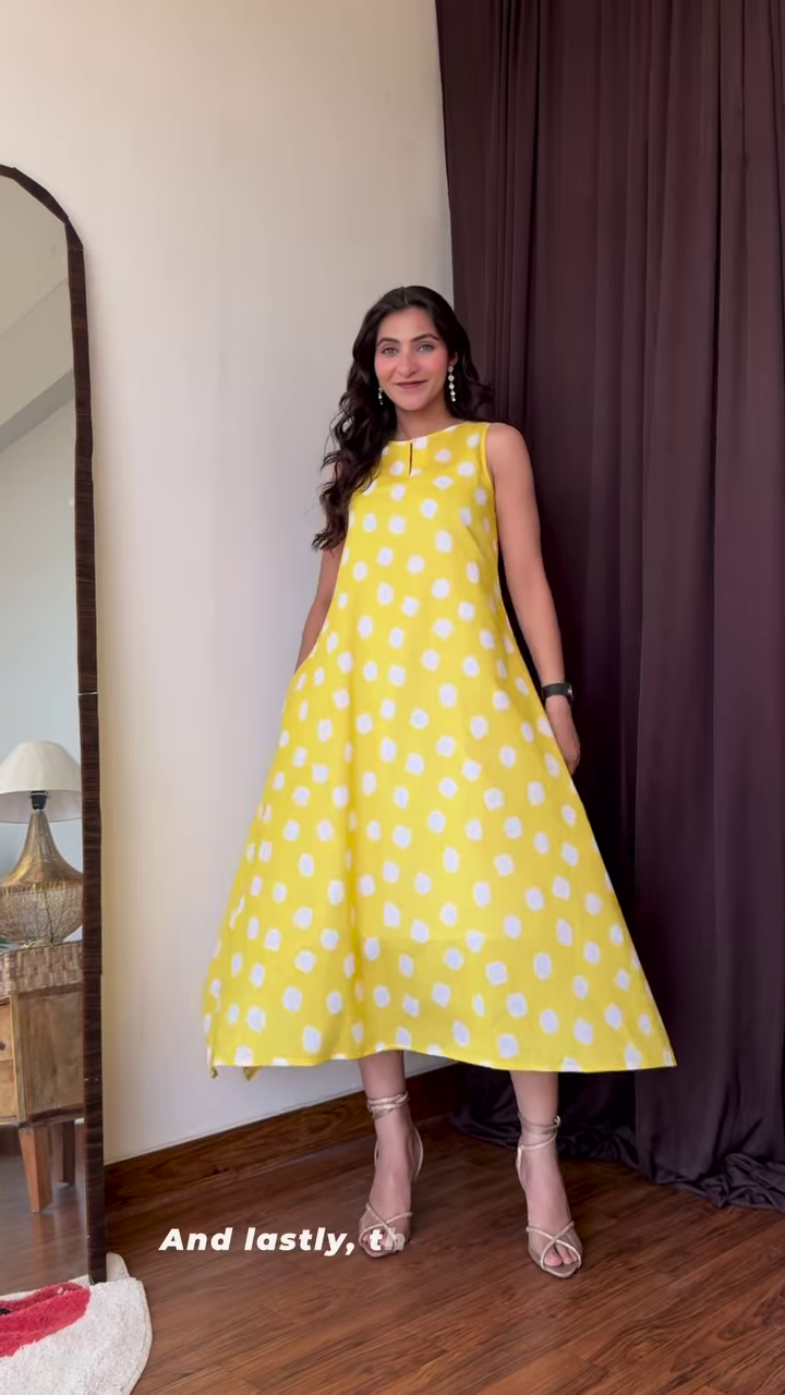 Vibrant Yellow Flowy Polka Dot Summer Dress by Pink Fort – Breezy A-Line Silhouette with White Dot Print - Image 8