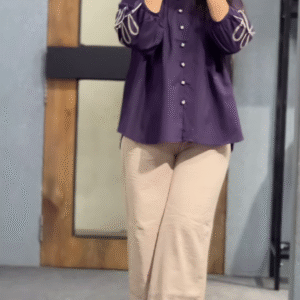 Chic Solid Pintuck Flared Cotton Top with Pearl Button Detailing & Stylish Cut Sleeves